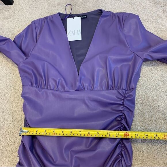 Zara purple faux leather long sleeve V-neck ruched mini dress Sz L NWT - Picture 12 of 14